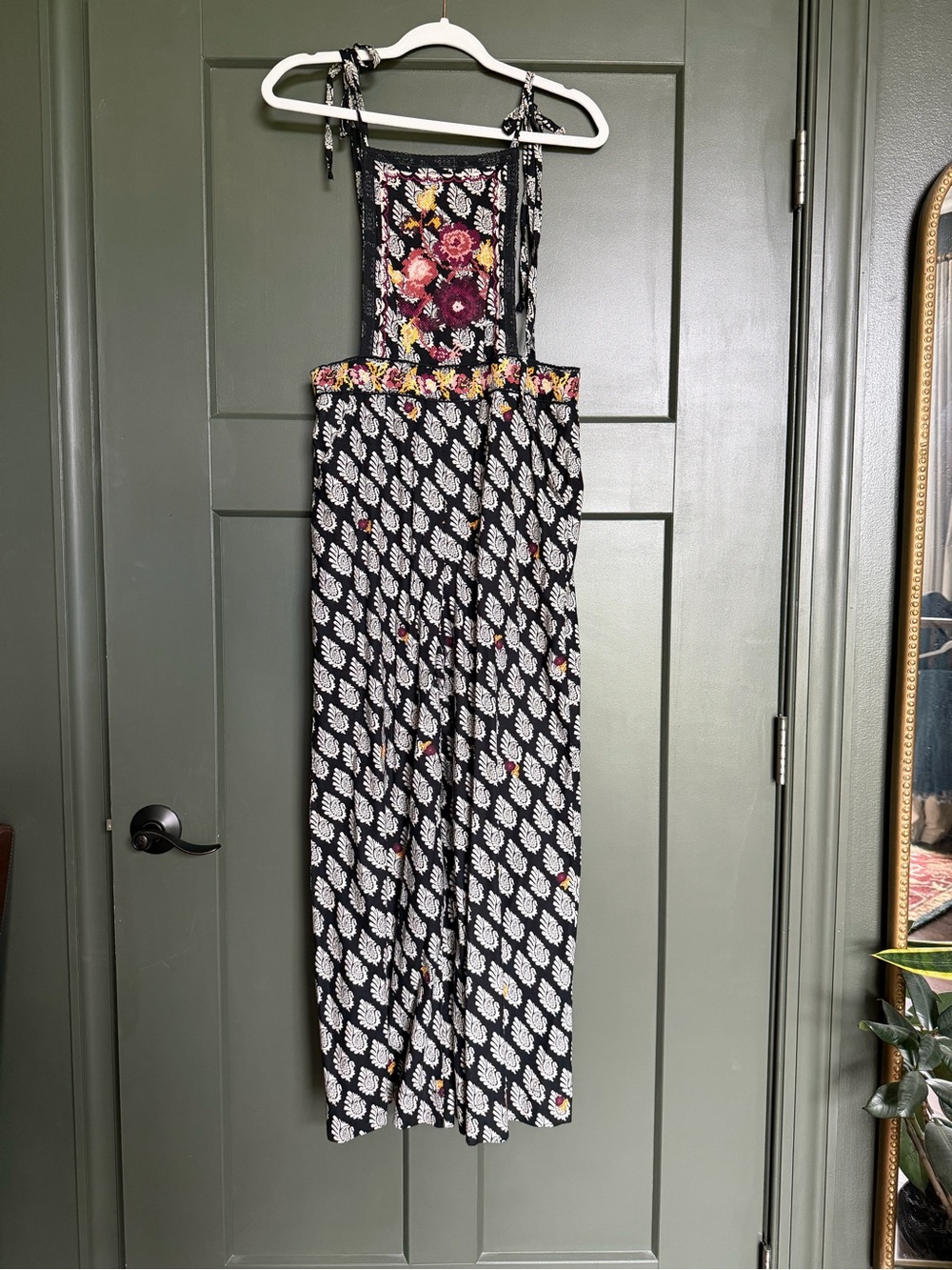 Anthropologie Black Embroidered Floral Wide-Leg Jumpsuit